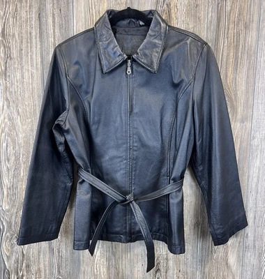 VTG 90s Jacqueline Ferrar JF Black Leather Coat Jacket Womens PL Edgy Moto Biker - Image 1 of 4