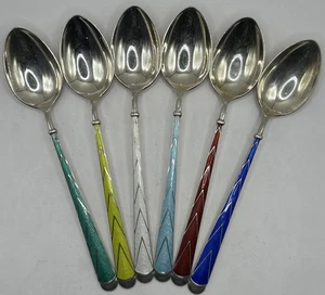 Vintage .925 Sterling Silver  6pc Enamel Tea Spoon Set Miyamoto-Shoko 92.3g - Picture 1 of 7