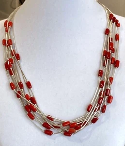 Vtg Shube Dakota West Liquid Sterling Silver 10 Strand Red Coral Necklace 40.3g - Picture 1 of 6