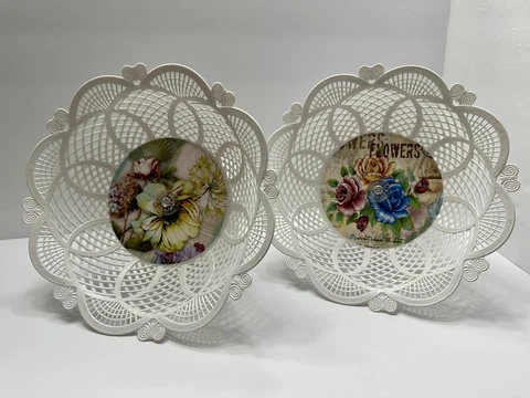 Bread Fruit Baskets Reticulated Floral Lace Woven Trinket Plastic White Set Of 2 Cover