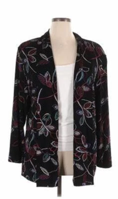 VIKKI VI 1X BLACK MULTI FLORAL OPEN JACKET 56 BUST ORIGINAL SLINKY ACETATE EUC - Image 1 of 4