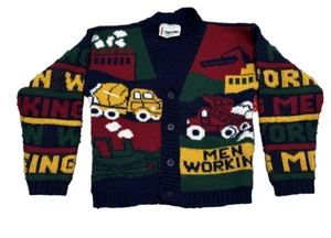 Vintage Childrens Hot Cashews Cardigan Sweater "Construction Men Working" Large - Picture 1 of 6