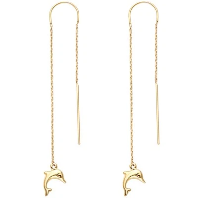 14K Solid Yellow Gold Dolphin Cable Chain Threader Earrings,  2.7" Long- ER1729 - Image 1 of 4