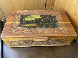 Vintage Jewelry Box ~ Hand Crafted Wooden W/ Scenic Image and Mirror - Picture 1 of 12