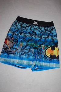 Boys BATMAN SWIM TRUNKS Blue Green Gray GOTHAM CITY Black Bats LINED Size 4-5 - Picture 1 of 2