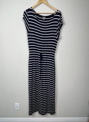 Maxi Vestido T by Talbots Azul Blanco Rayas Talla XLP Cuello Redondo Bolsillos Suave Foto 1 de 4
