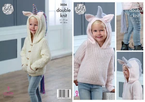 King Cole Girls Double Knitting Pattern Hooded Unicorn Sweater & Cardigan 5036 - Picture 1 of 3