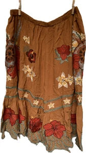 Hellbrauner hawaiianischer Pa'u Hula-Rock mit Blumenstickerei elastische Taille, 24 Zoll lang - Bild 1 von 6