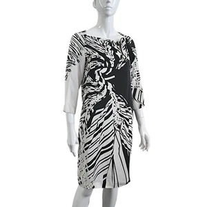 Max Mara Midi Silk Dress Size AU 8 10 Pussy Bow Black White 3/4 Sleeve - Picture 1 of 11