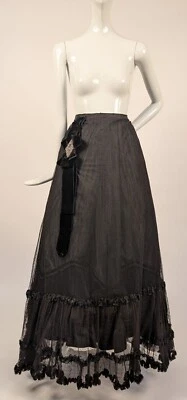 VICTORIAN 19TH C BLACK SWISS DOT NET SKIRT W SILK RUFFLES + CUT STEEL ON VELVET - Image 1 of 4