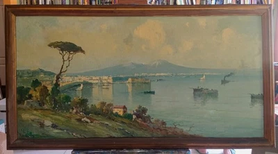 VESUVIUS🩵Volcano ART Original OIL PAINTING Naples Bay Pompeii ITALY 1950 Framed - Image 1 of 4