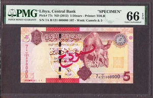 Libya 5 Dinars ND (2012) SPECIMEN Pick-77s GEM UNC PMG 66 EPQ - Picture 1 of 2