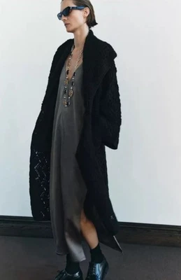 Zara Open Long Cable Knit Textured Coat /Cardigan Black Size S 3653/110 New - Image 1 of 4
