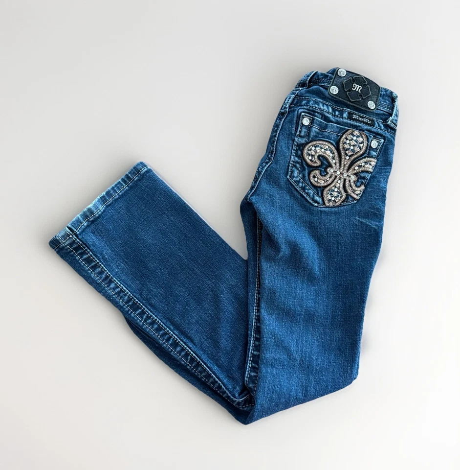 Pantalones de mezclilla Miss Me Girls 8 azules bootcut lentejuelas Western Boho Rodeo *PUCKERING Foto 1 de 4