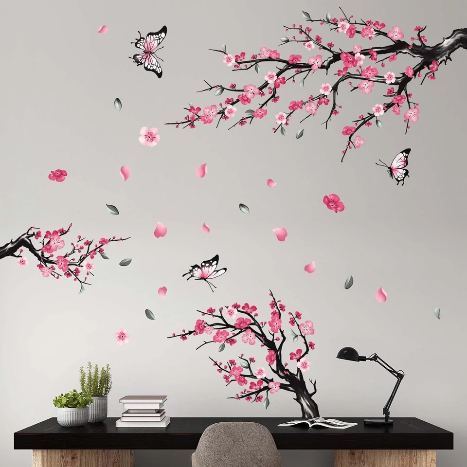 Pink Cherry Blossom Wall Stickers Tree Branch Birds Floral Decals Home Decor - Image 1 of 4