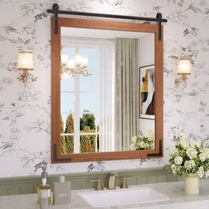 Farmhouse Bathroom Mirror, 28x36 Inch Brown Vanity Mirror for Wall, Wood Fram... - Picture 1 of 6