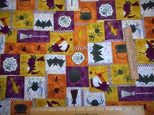 Halloween Stoff Meterware Hexe Spinne Fledermaus Kessel gruselig hohl Patch Baumwolle C - Bild 1 von 2