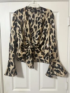 Missguided Women’s Cheetah Patterned Print Blouse Bell Sleeve Wrap Style Size 8 - Picture 1 of 12