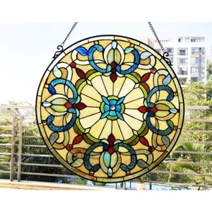 Stained Glass Window Panel Victorian Design Round Tiffany Style ONE THIS PRICE - Picture 1 of 3