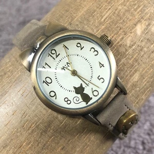 Mini Miniature Women Cat Dial Brown Leather Round 27mm Quartz Analog Watch 7" - Picture 1 of 13