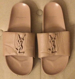 YSL Saint Laurent Joan Logo Slides Sandals Blush Leather Auth Preowned Sz 37 1/2 - Picture 1 of 9