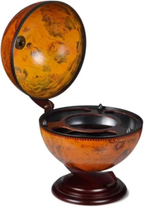 Eucalyptus Wood Wine Stand - Rotatable Tabletop Globe Bar with 16Th Century Naut - Picture 1 of 6