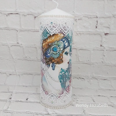 ✨ Gatsby Glamour Art Deco Lady Pillar Candle - Hand-Decorated Lace & Pearls - Image 1 of 4