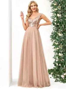 Ever-Pretty High Waist Tulle & Sequin Sleeveless Evening Dress, Rose Gold, Size - Picture 1 of 2