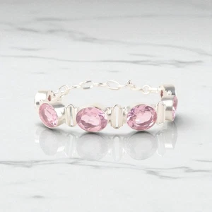 Handmade 925 Sterling Silver Jewelry Morganite Gemstone Adjustable Bracelet 7-8" - Picture 1 of 6