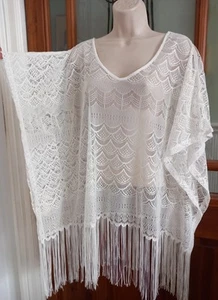Vtg Look White Lace Fringed Poncho Beach Cover Size L Boho Coastal Cowgirl - Picture 1 of 6