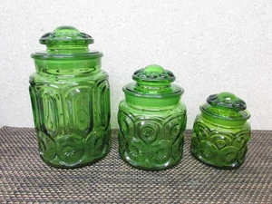 VINTAGE L.E. SMITH MOON & STARS GREEN DEPRESSION GLASS 3 PC CANISTER SET W/ LIDS - Picture 1 of 7