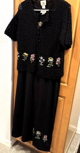 Vintage TEDDI Size LARGE Black Embroidered Maxi Dress Flower W/CARDIGAN MINT 90s - Picture 1 of 6