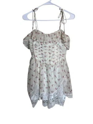 For Love & Lemons Dress Womens XXS White Pink Floral Lace Corset Mini Ruffle - Image 1 of 4