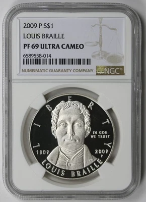 2009-P Louis Braille Modern Silver Commemorative $1 PF 69 Ultra Cameo NGC - Image 1 of 4