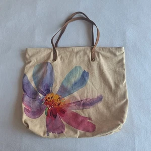 💙 Cott N Curls Canvas Watercolor Style Floral Print Tote Bag Leather Handles Fu - Picture 1 of 8
