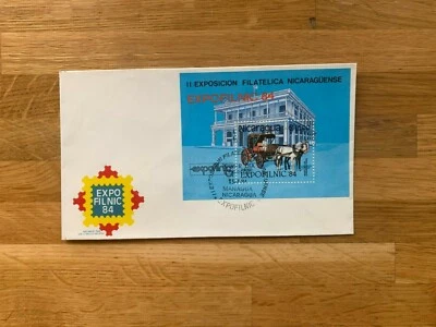 NICARAGUA 1984 FDC EXPOFILNIC MINISHEET STAMP EXHIBITION HORSE & CART MUSEUM  - Image 1 of 2
