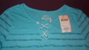 New Mudd Blue Stripped Shirt 3/4 Sleeve Girl's Size 16 1/2  Lace Up - Picture 1 of 12