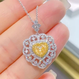 New Hollow Love Heart Yellow Citrine Gems Charm Women Silver Necklace Pendant - Picture 1 of 6