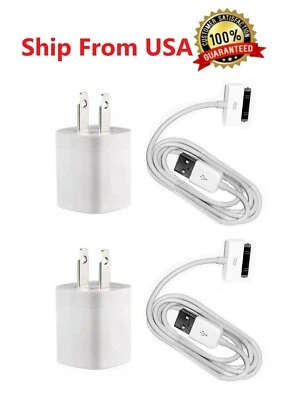 2x Home Wall AC Charger +30 pin Data Sync USB Cable Cord for iPhone 4 ipod Nano - Image 1 of 4