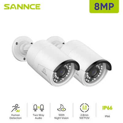 SANNCE 2x 4K 8MP POE Security IP Camera Outdoor Two Way Audio Human Detection