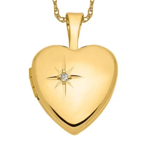 14K Solid Yellow Gold Diamond Heart Locket Necklace - Picture 1 of 25