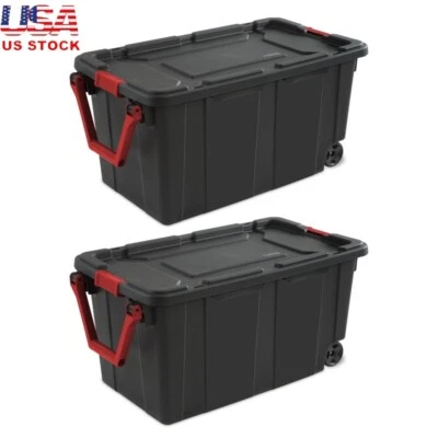 40 Gal Wheeled Industrial Storage Totes Heavy Duty Plastic Set of 2 Durable New - Image 1 of 4