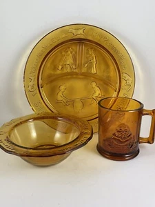 Indiana Glass Tiara Amber Childs Mother Goose 3 Piece Service Vintage - Picture 1 of 12