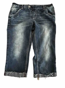 ARIYA JEANS Rhinestones Embroidered Frayed Hem Cropped Jeans Juniors 11/12 34x18 - Picture 1 of 8