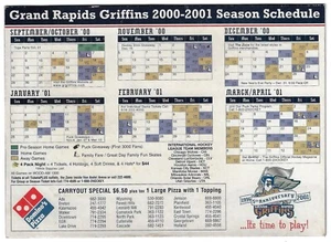 ¡RARO 2000-01 Grand Rapids Griffins IHL IMÁN horario de hockey!¡!! Pizza de dominó - Imagen 1 de 1