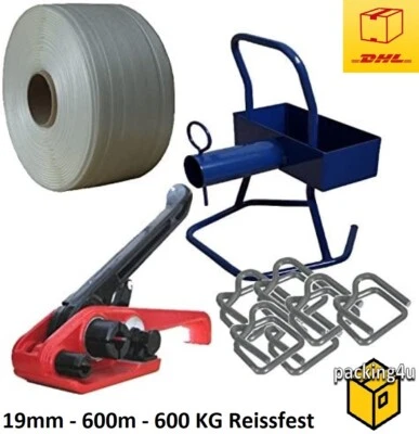 PACKING4U Umreifungsset 19mm gewebt Umreifungsgerät Umreifungsband Klemmen Abroller 600m