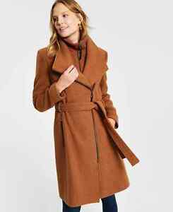 Calvin Klein Women's Wool Blend Belted Coat in Dark Camel RRP $400