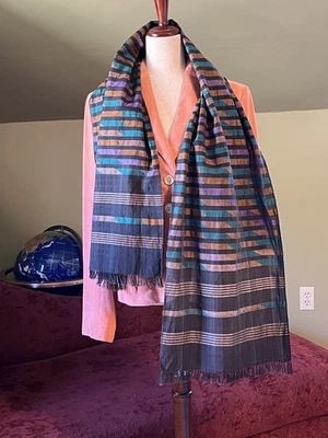 Bufanda de seda/algodón hecha a mano de colección comercio justo verde azulado/verde, marrón/dorado, púrpura, negro Foto 1 de 4