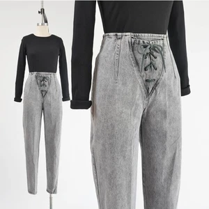 Jeans vintage anni 80 grigio lavaggio acido vita alta stringati davanti jeans slim fit 28 - Foto 1 di 10