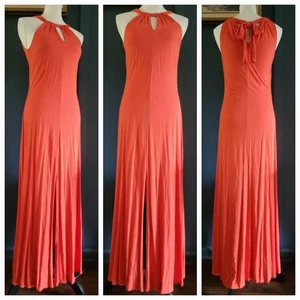 Ann Taylor Orange Stretch Halter Tie Neck High Front Slits Maxi Dress Size Small - Picture 1 of 15